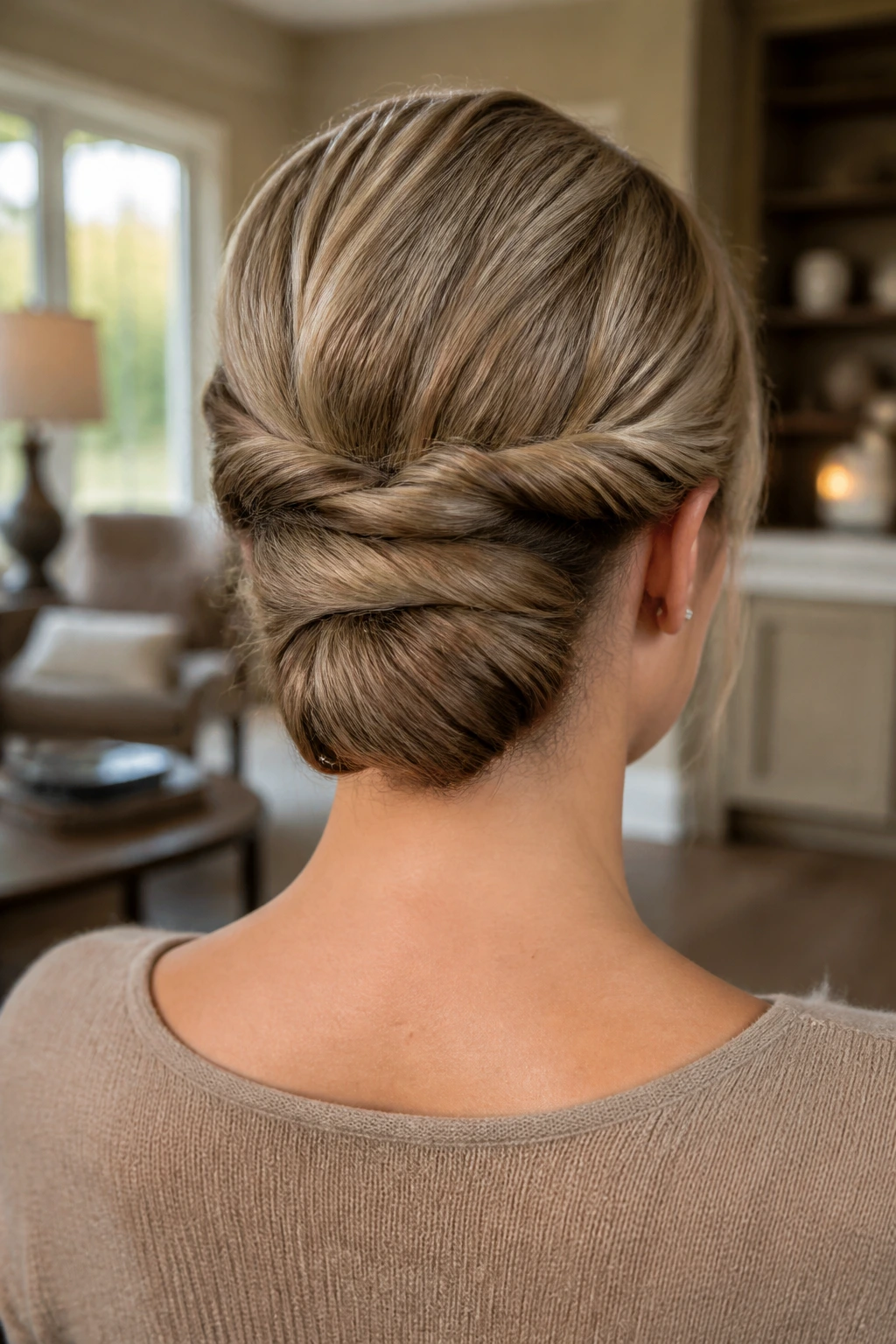 Back view of a real woman with a twisted low chignon at the nape
