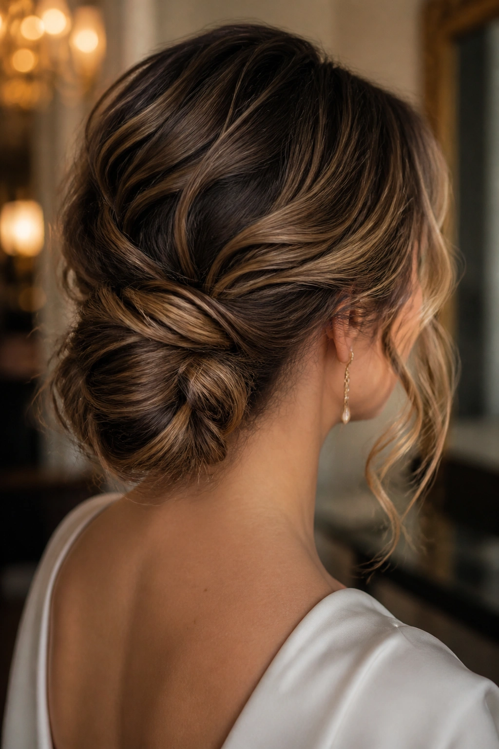 Three-quarter rear view of a woman with a twisted low chignon at the nape.
