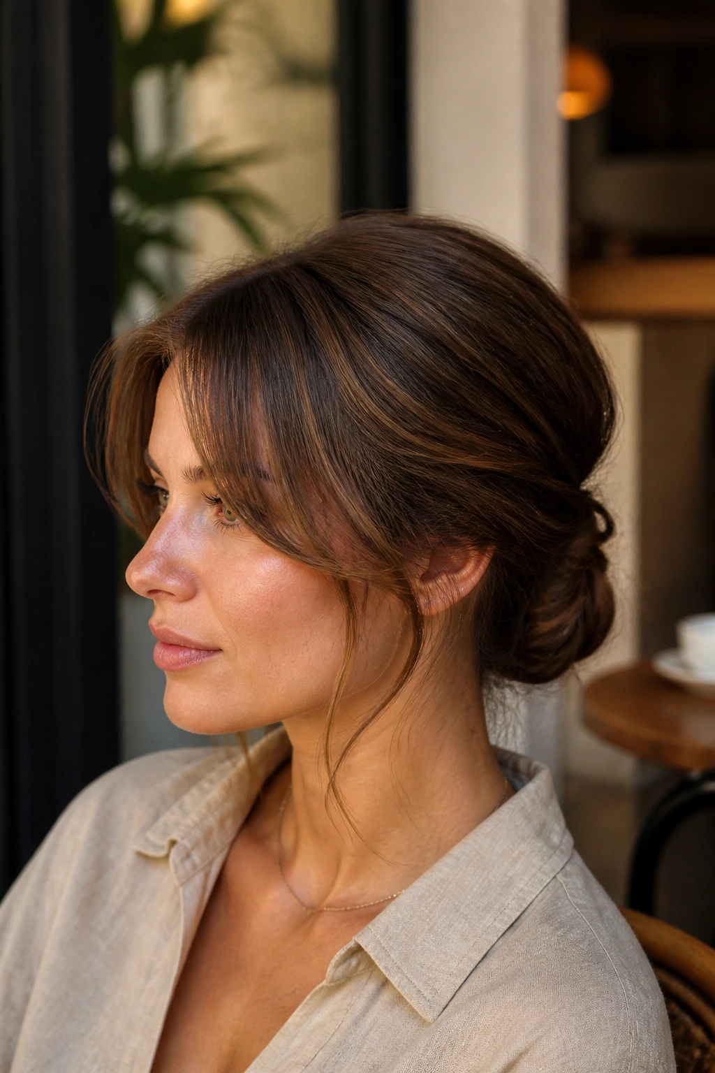 Close-up of twisted low knot with curtain bangs on a real woman