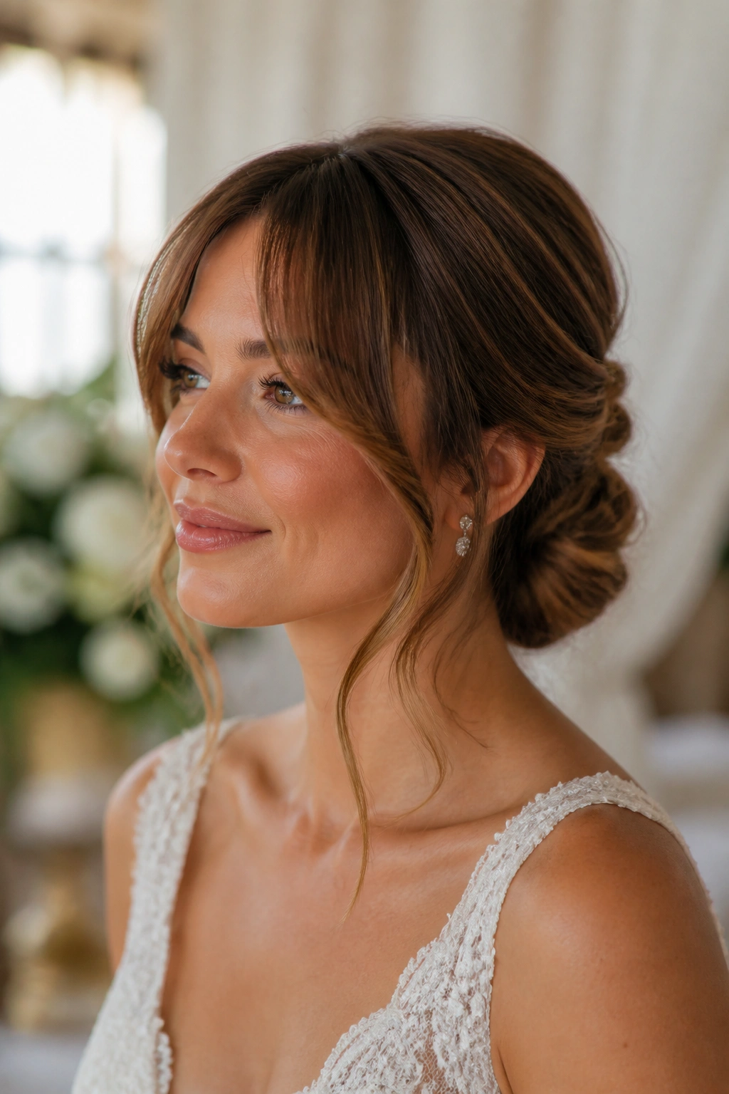 Close-up of a real bride with a twisted low knot and face-framing bangs