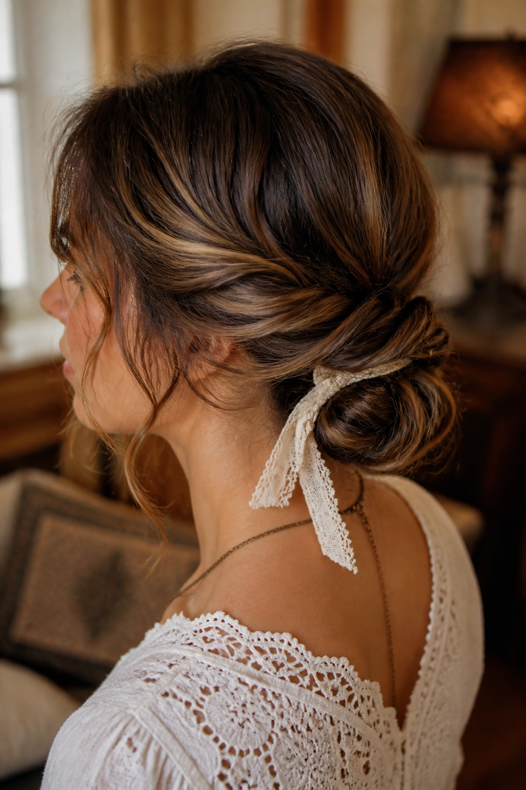 Close-up of a real woman with a twisted low knot and lace ribbon