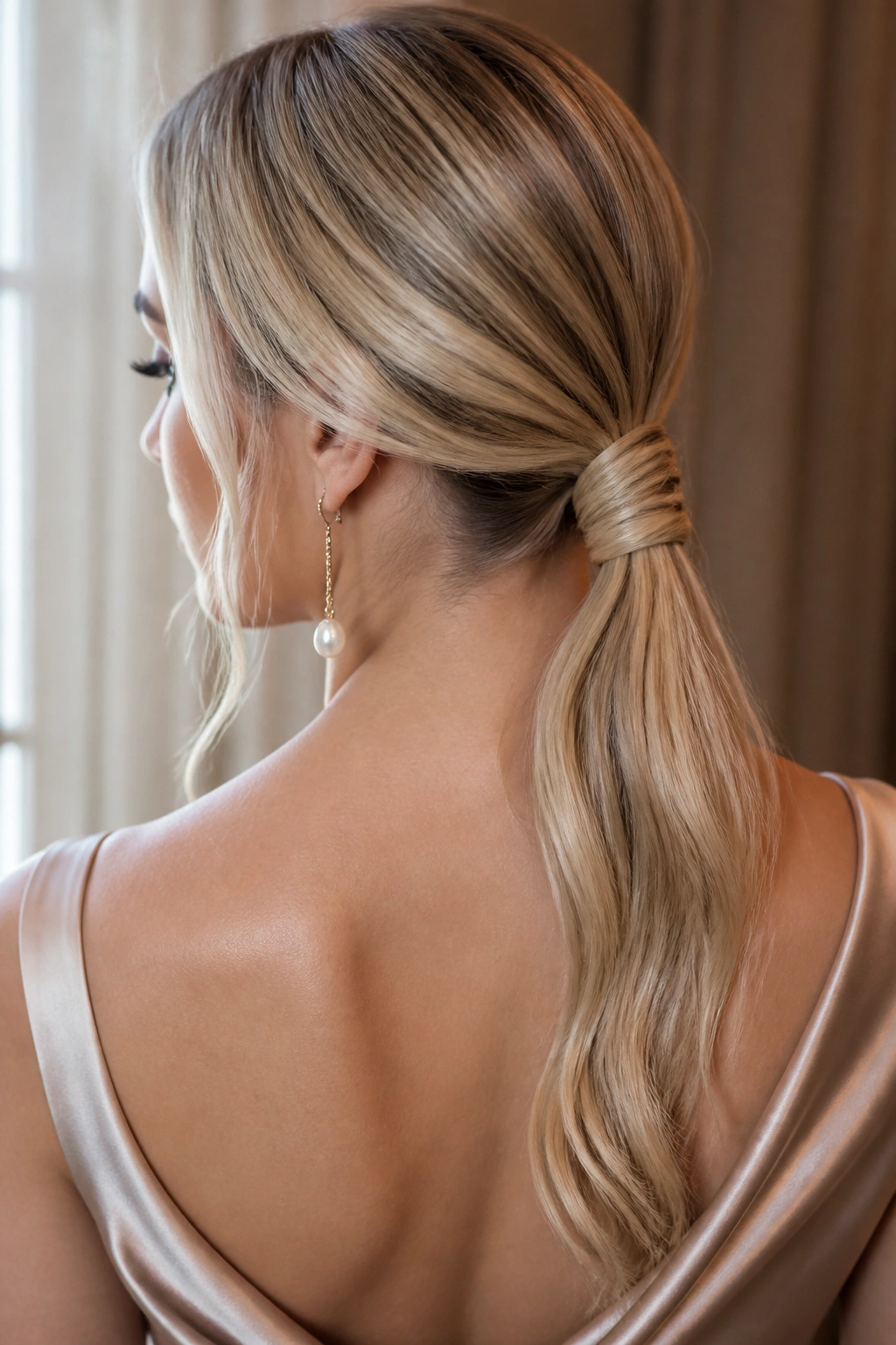 Portrait of a real woman with twisted low pony wrap hairstyle
