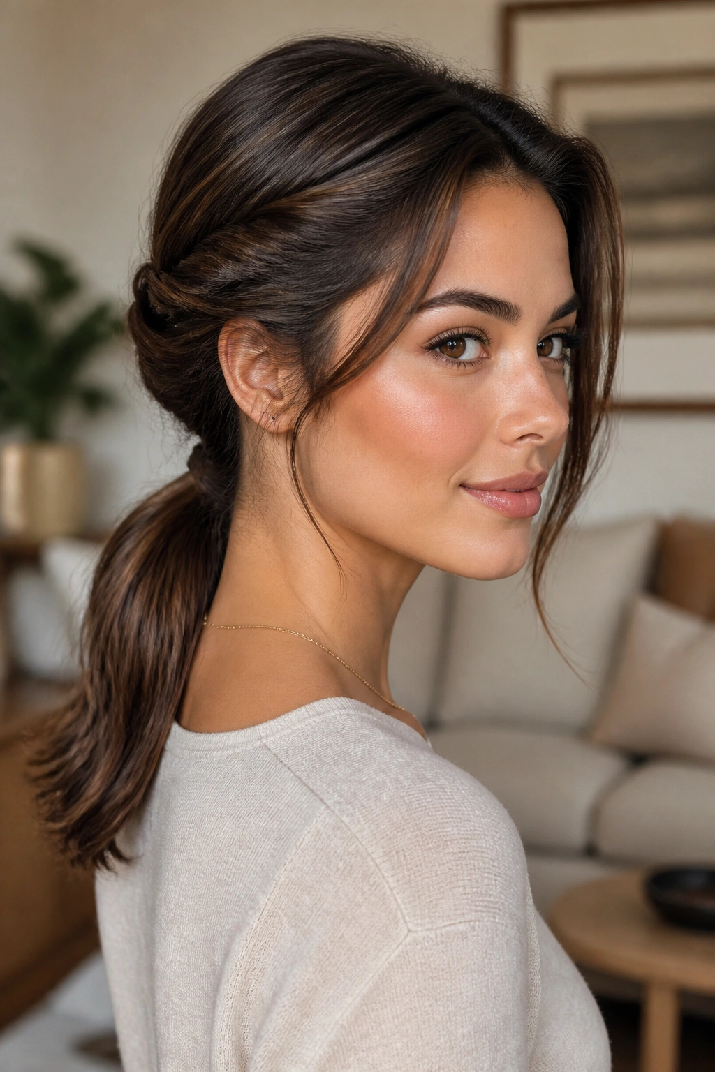 Brunette with twisted low ponytail in cozy living room light