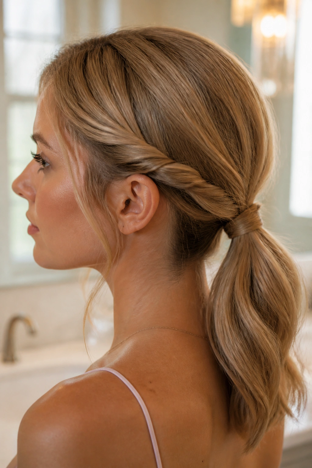 Close-up portrait of a real woman with twisted-back sections forming a low ponytail at the nape