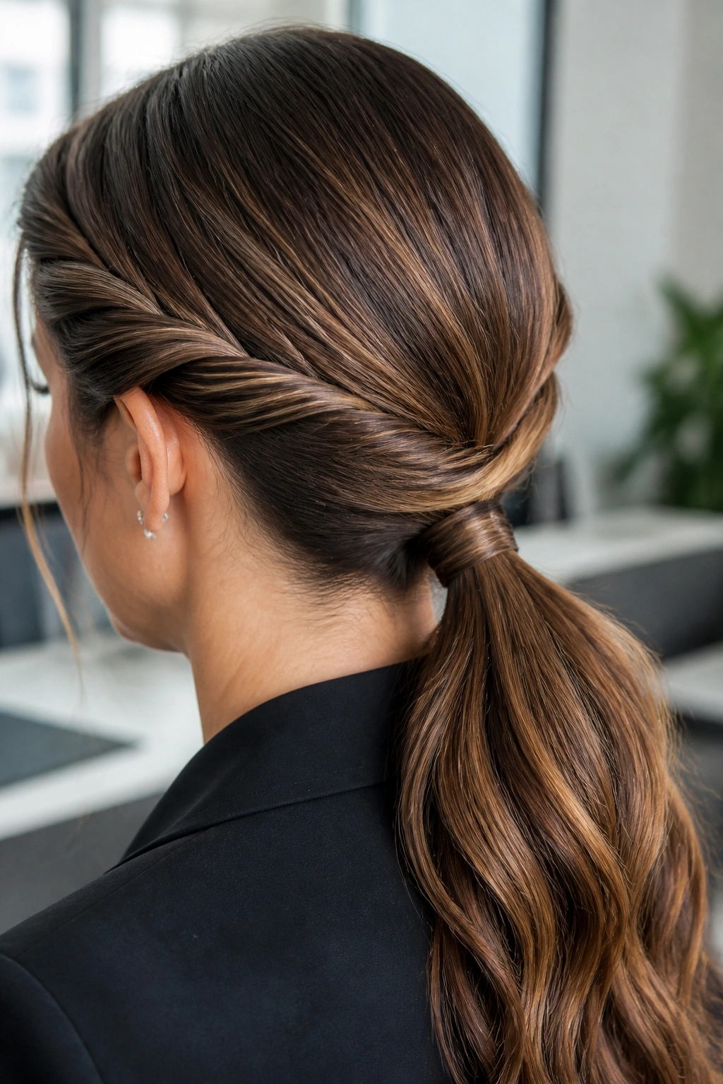 Close-up of a twisted low ponytail on a real woman in an office