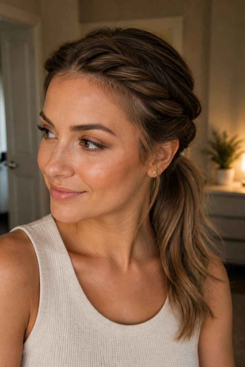 Close-up of a real woman with a twisted low ponytail