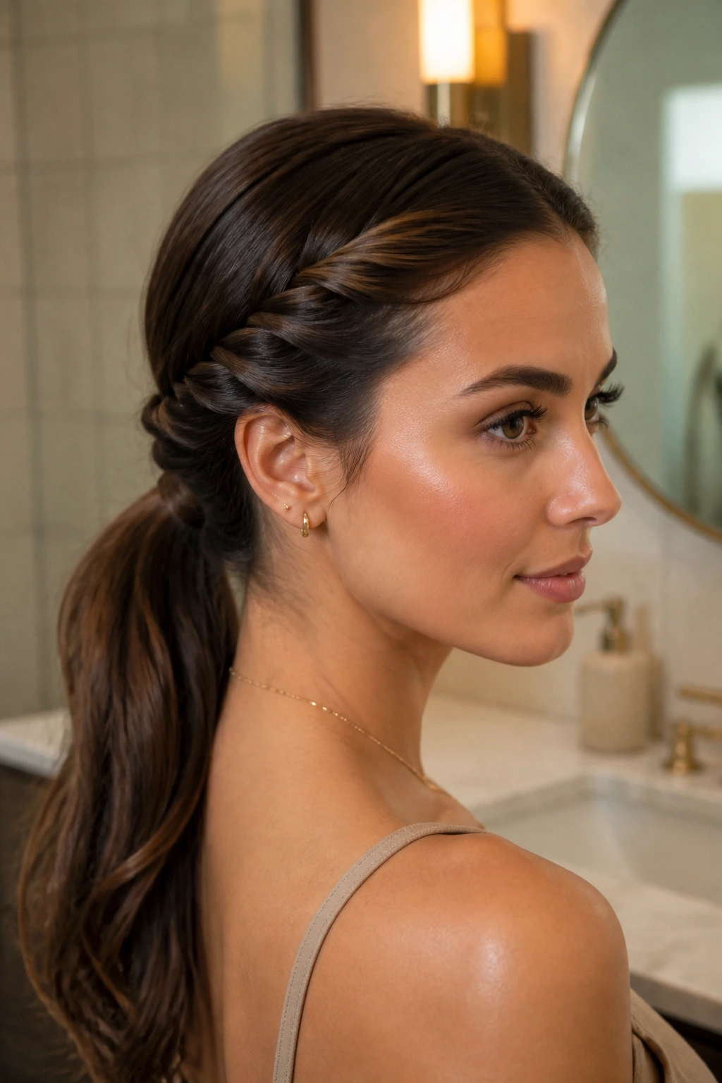 Profile portrait of a real woman with a twisted low ponytail and smooth crown