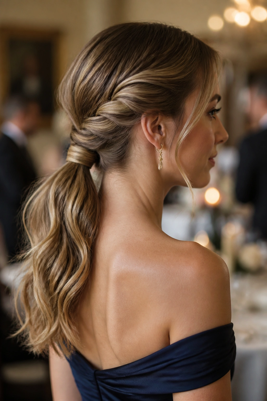 Close-up of a woman with a twisted low ponytail wrapped base
