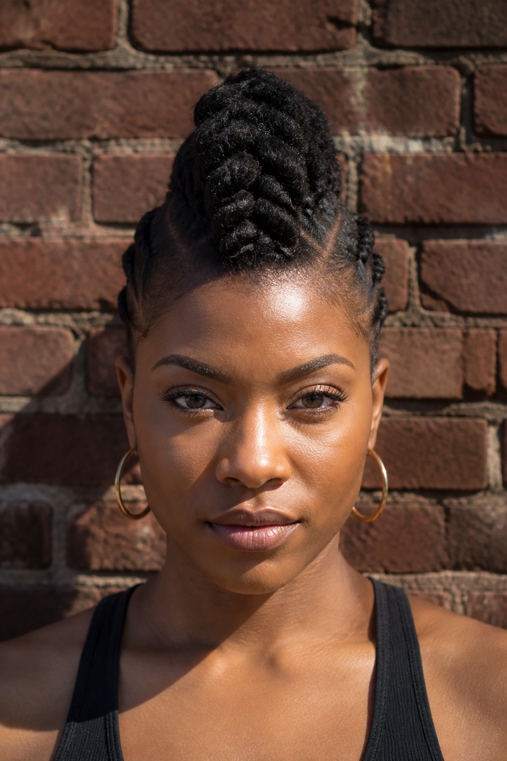 Portrait of a person with a twisted mohawk hairstyle.