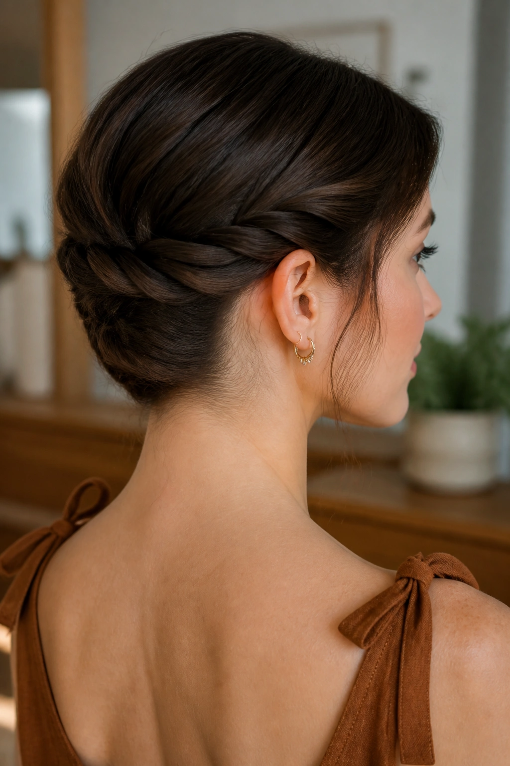 Close-up of real woman with twisted-nape faux bob