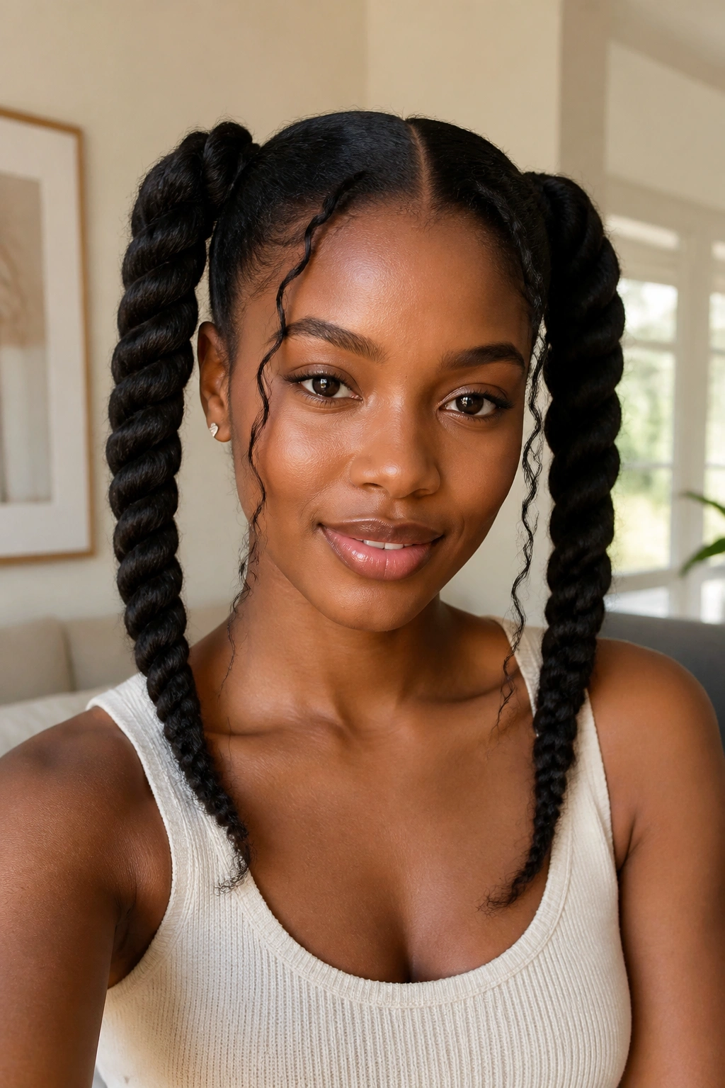 Portrait of a woman with twisted pigtails.