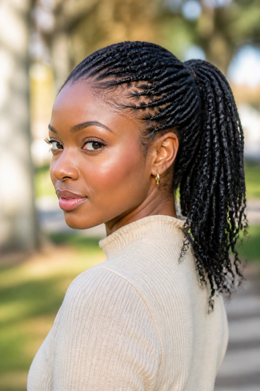 Portrait of a woman with a twisted ponytail.