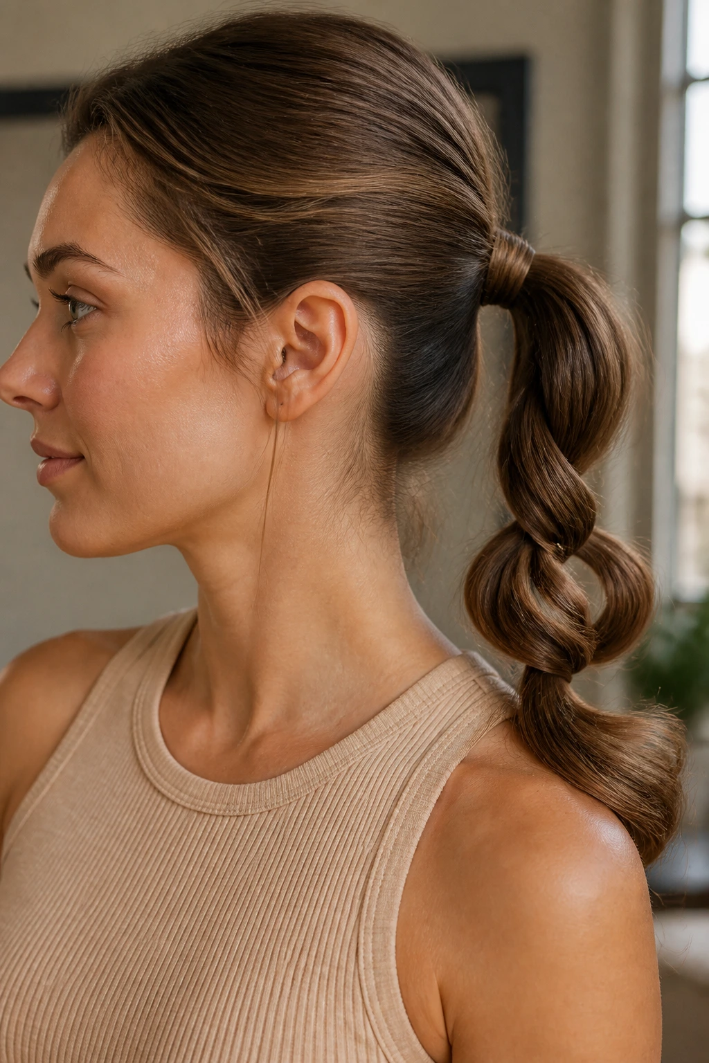 Close-up of real woman's twisted ponytail with looped ends and wrapped elastic in warm indoor light
