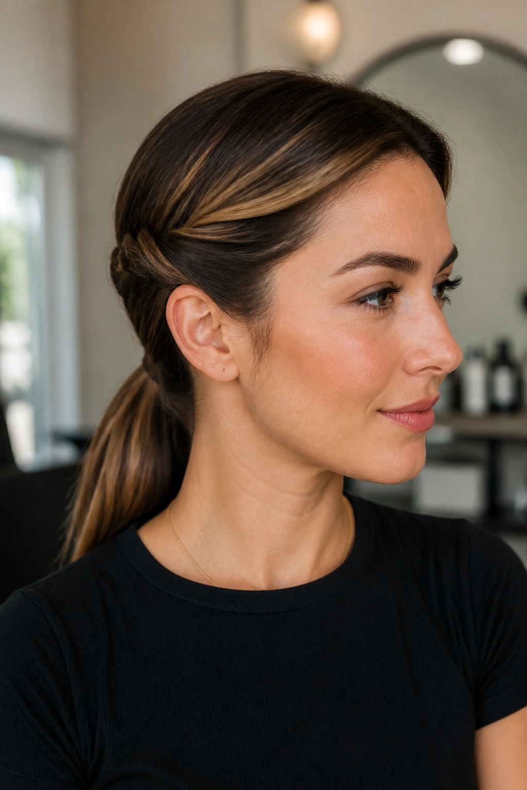 Portrait of a woman with twisted sides low ponytail
