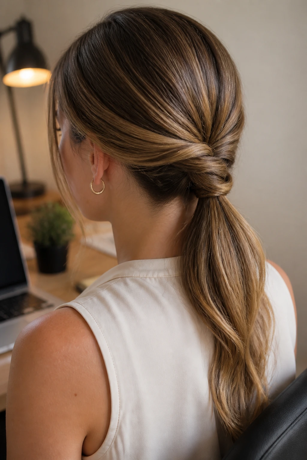 Close-up of a real woman with a twisted low ponytail in warm indoor light.