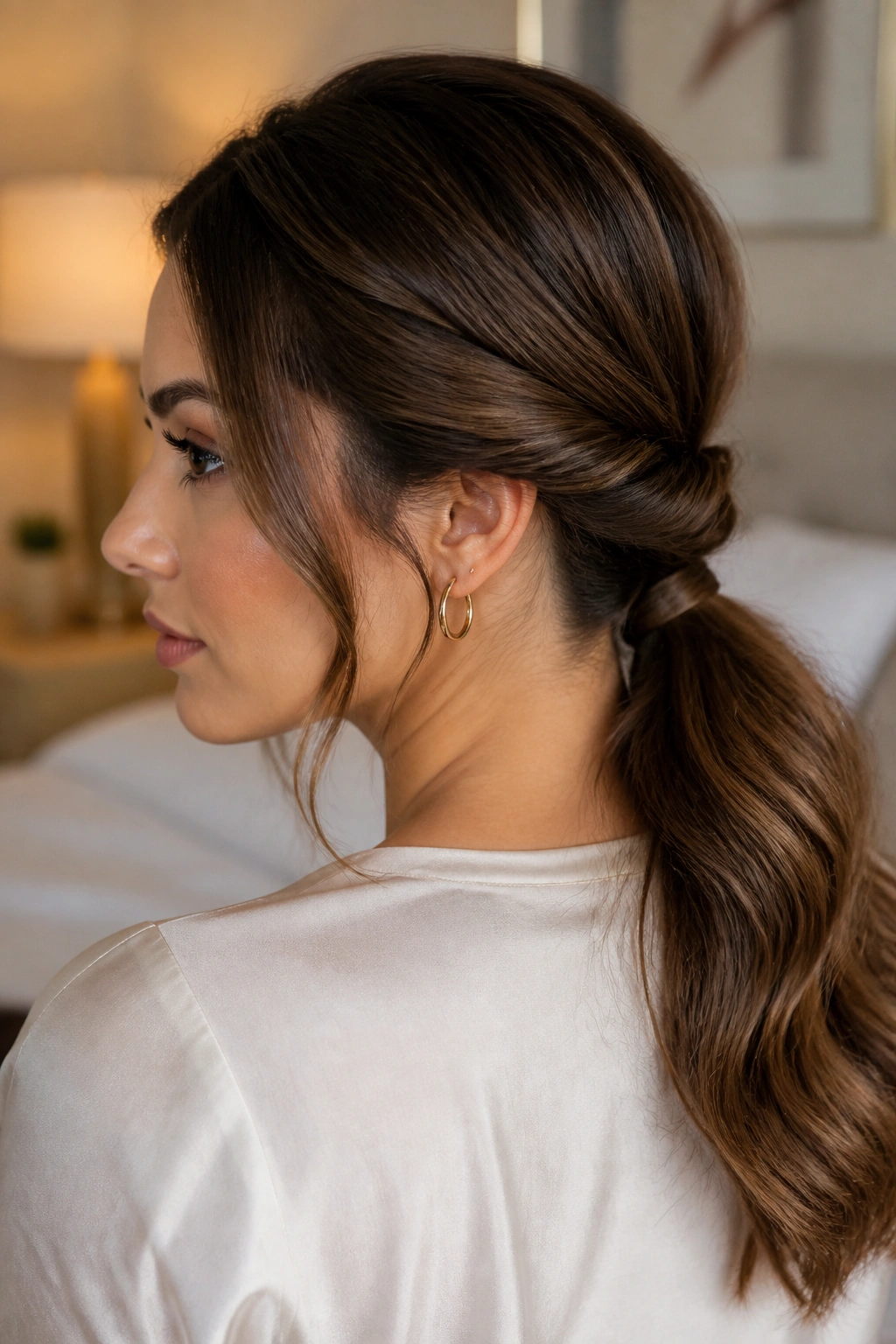 Close-up of a real woman with a twisted low ponytail at the nape.