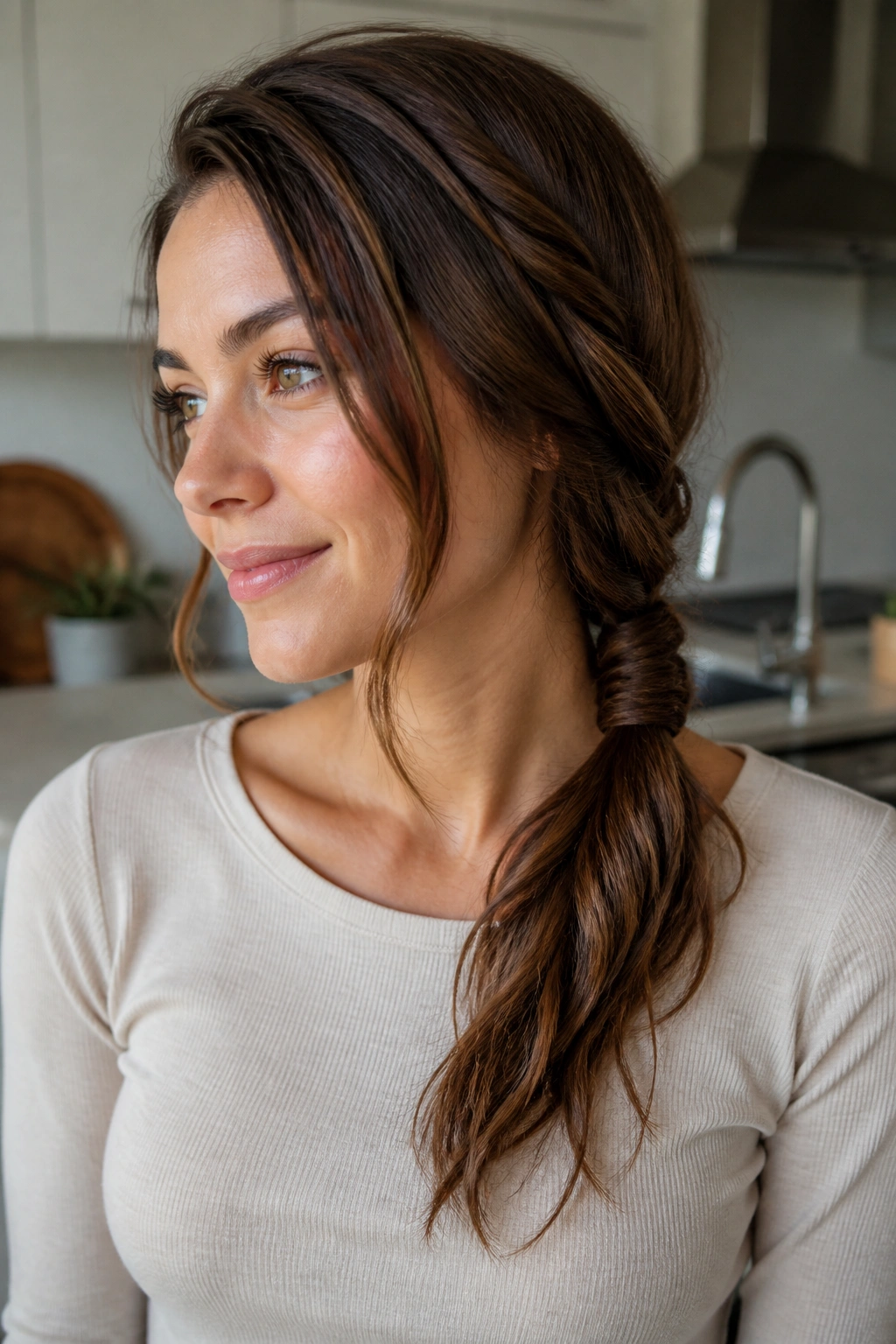 Real woman with Twisted Side Ponytail showing rope-like twist gathered to the side