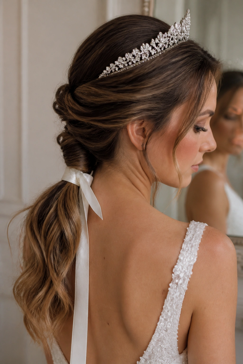 Close-up of a real bride with twisted low ponytail and ribbon detail wearing tiara