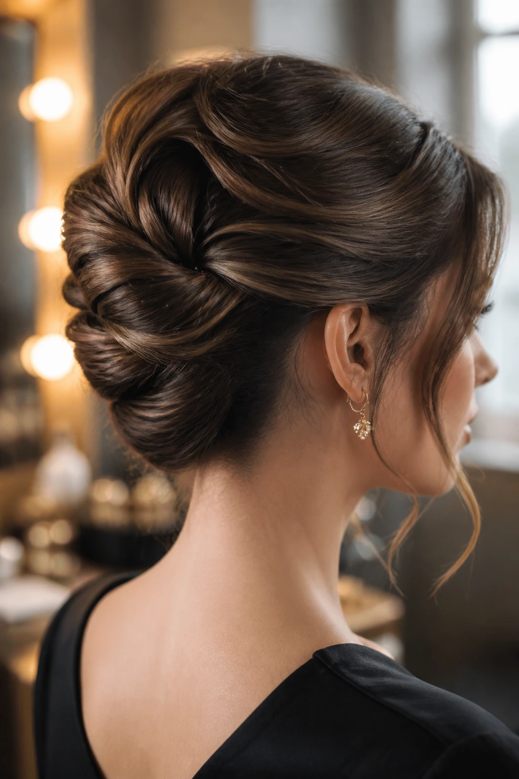 Portrait of a woman with a twisted roll updo in a softly lit dressing room
