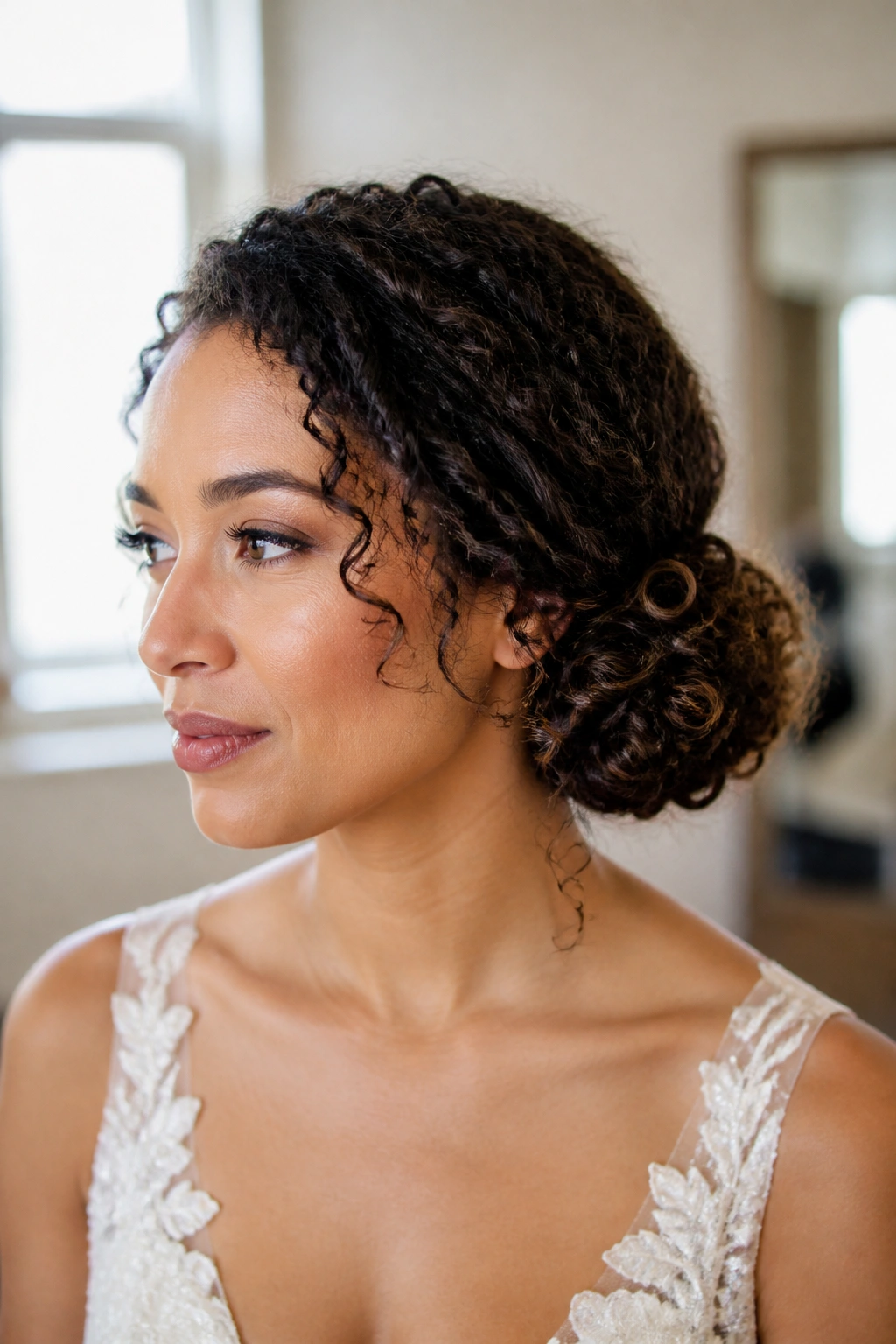 Close-up of real woman with twisted side bun on neck-length curls in a wedding prep area
