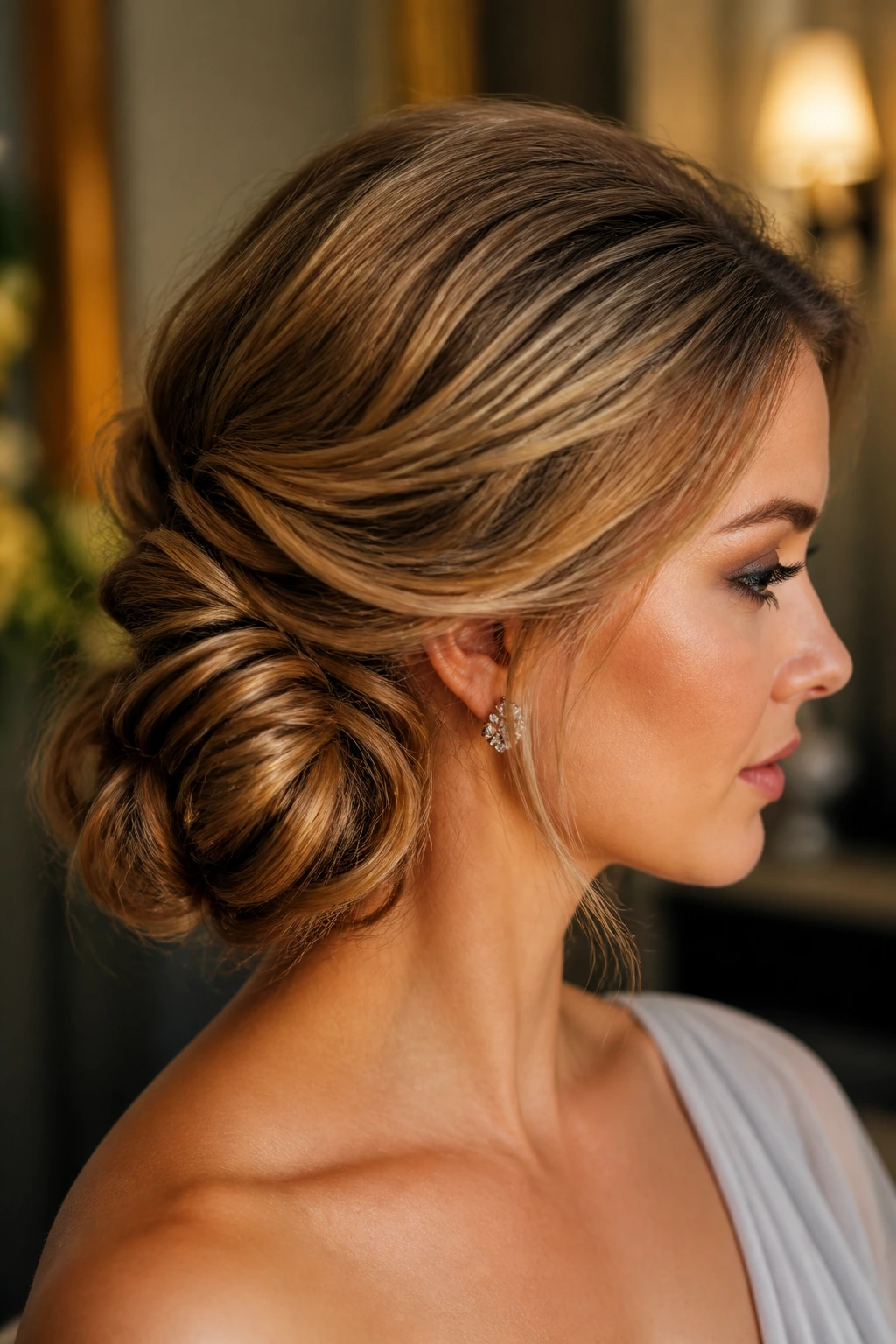 Profile of a woman with a twisted side chignon at the jawline