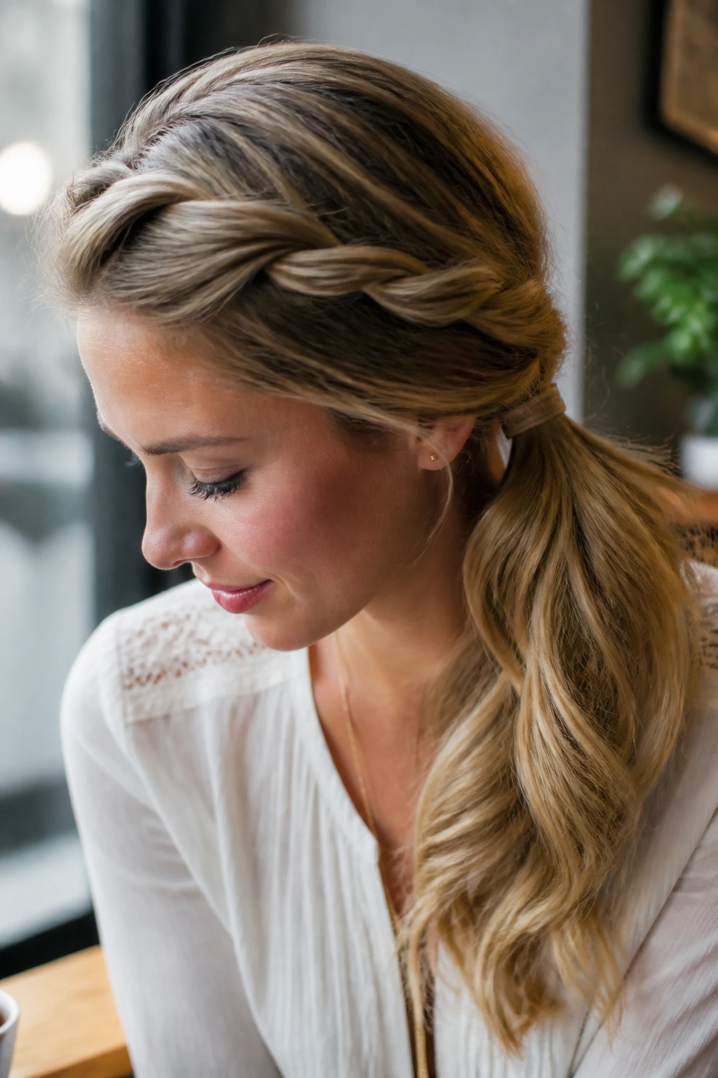 Side-profile of a woman with a twisted side low pony in a cafe setting