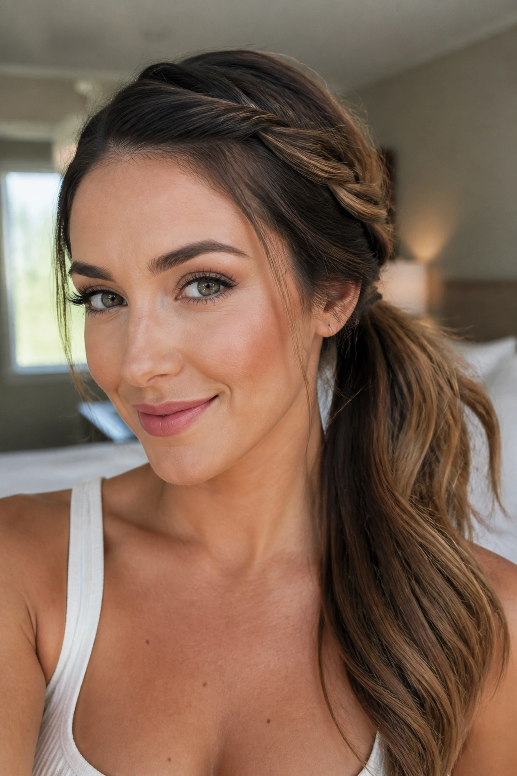 Close-up of a real woman with a twisted side ponytail at ear level in warm window light
