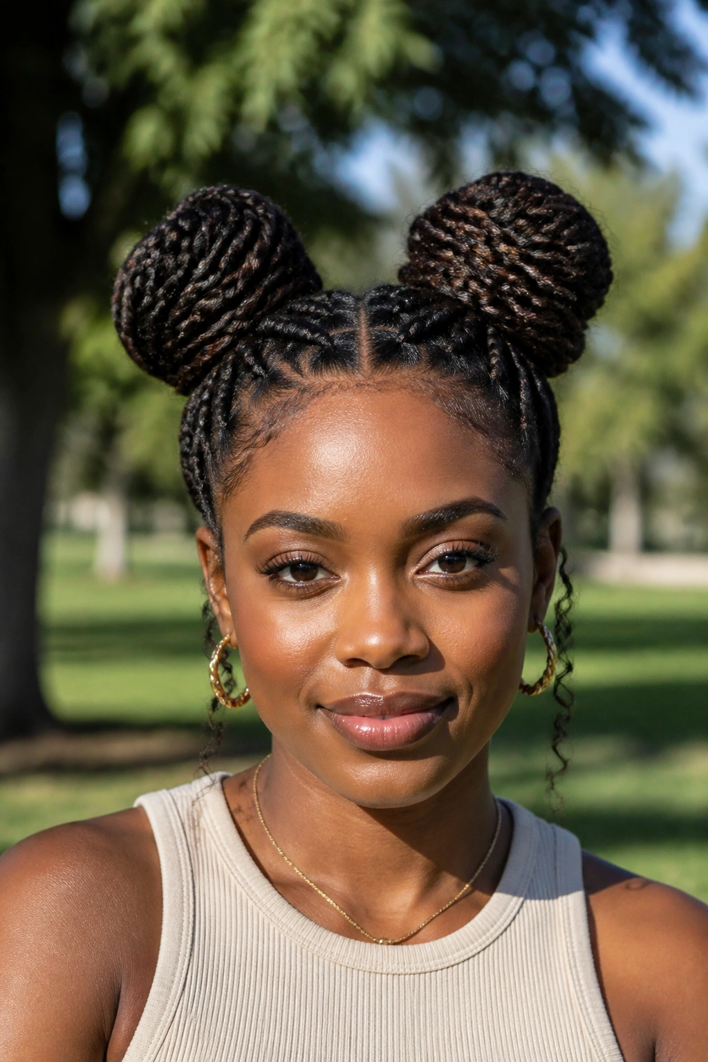 Front portrait of a real person with twisted space buns in daylight