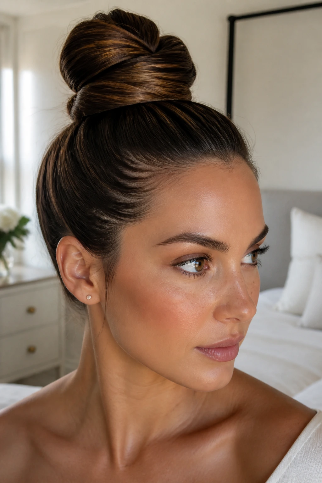 Close-up of a real bride with a minimalist twisted top knot