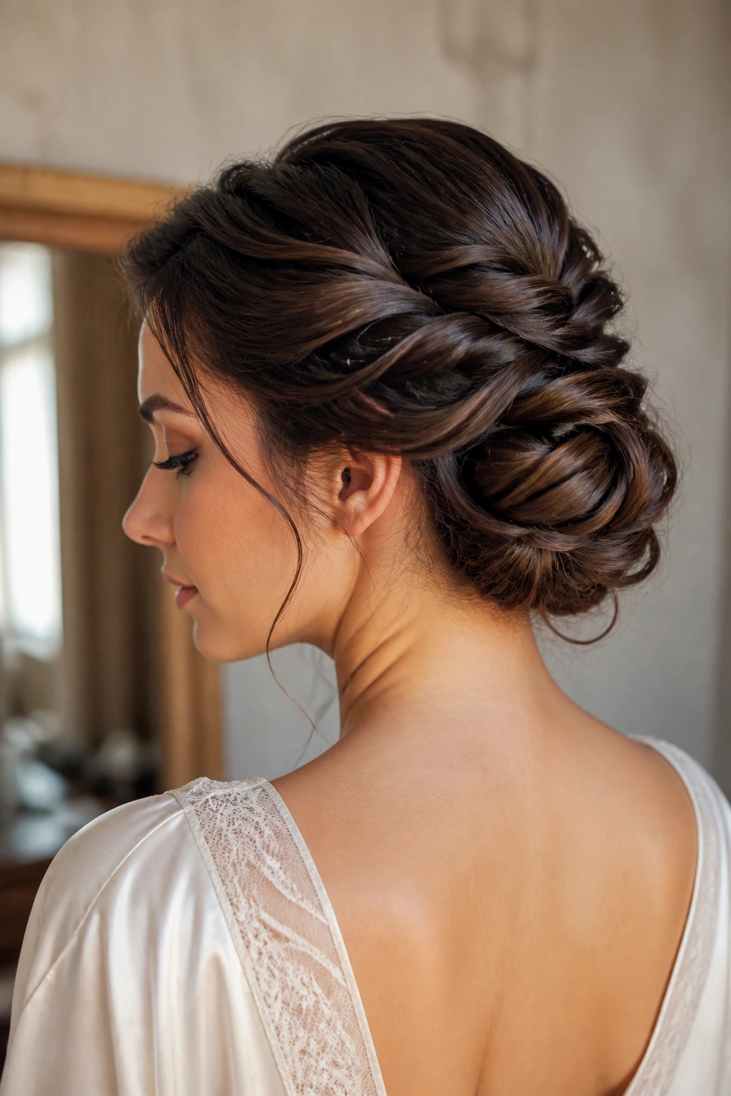 Close-up portrait of a real woman with a layered twisted updo for long hair, tucked ends at the nape and soft front wisps in warm lighting.