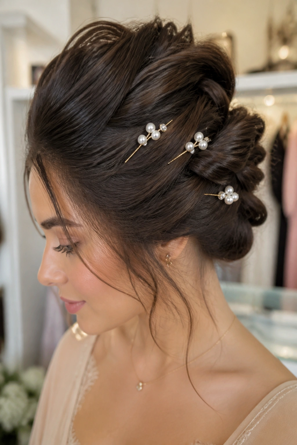 Close-up of real woman with twisted updo adorned with pearls and pins.