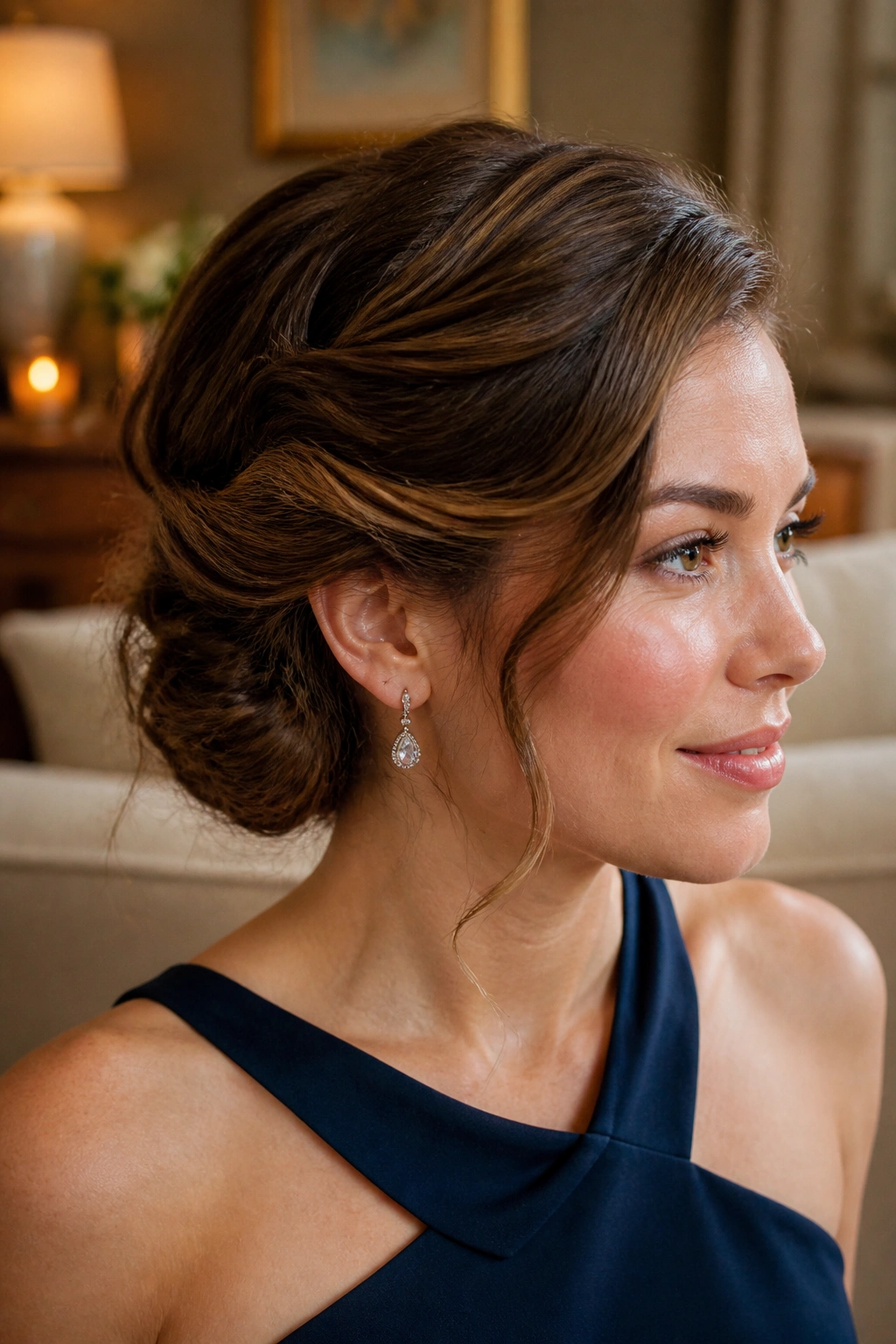 Close-up of woman with twisted side updo pinned behind the ear