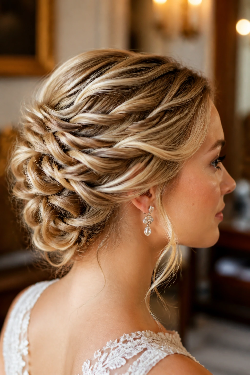 Close-up of a real woman with a cascading twisted waterfall updo.