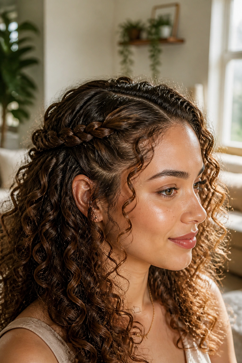 Close-up of a real woman with twisted temple pull-back hairstyle