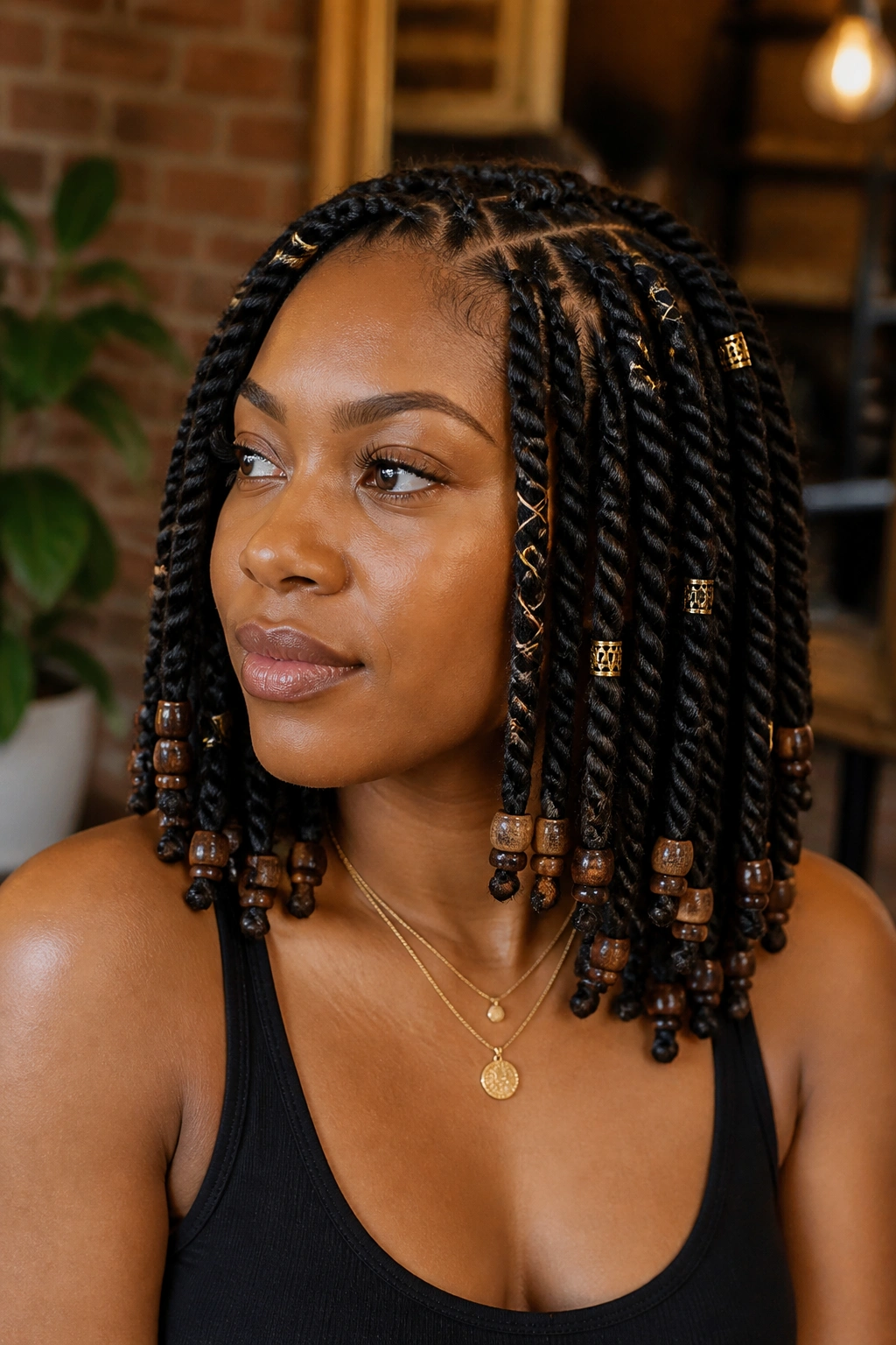 Close-up of a real woman with twists decorated with beads and cuffs in a cozy salon