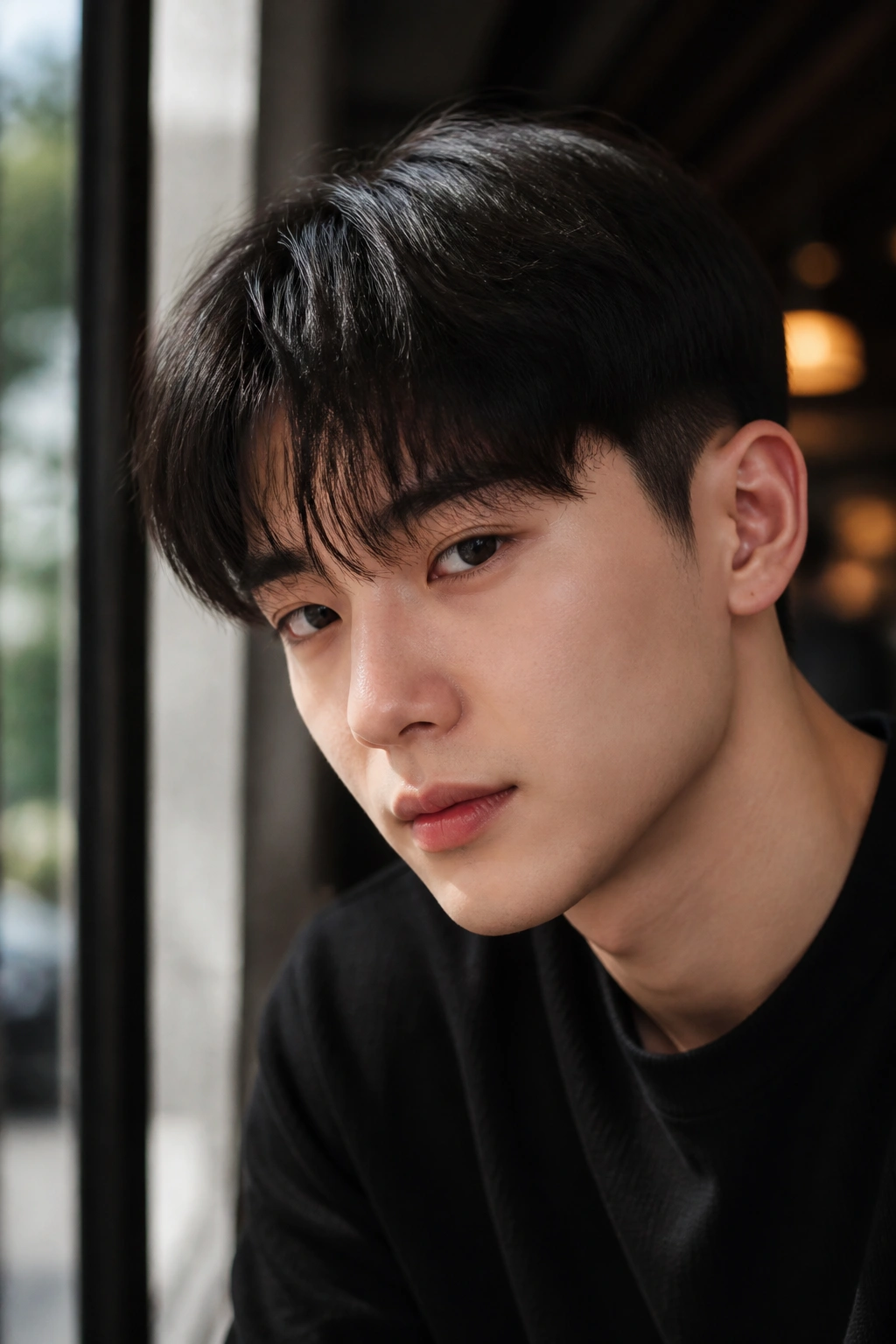Close-up portrait of a real man with a two-block cut and soft fringe in a cafe setting