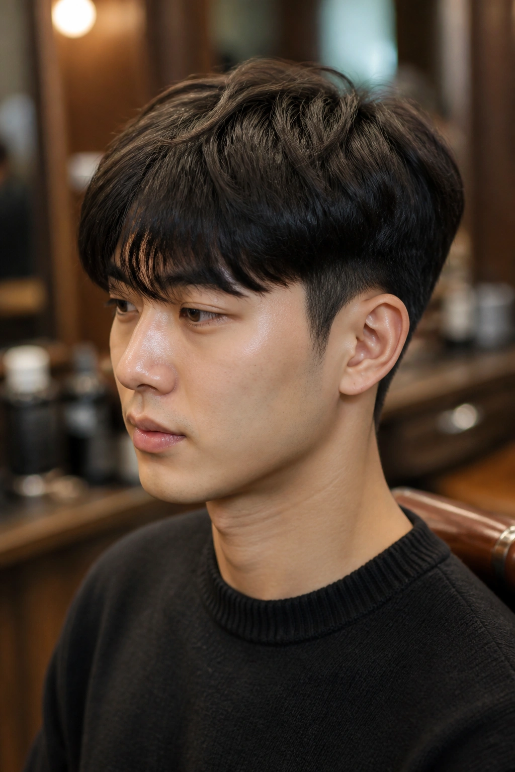 Close-up of a real man's head showing a Two-Block Cut With a Soft Fringe in a warm barbershop setting.