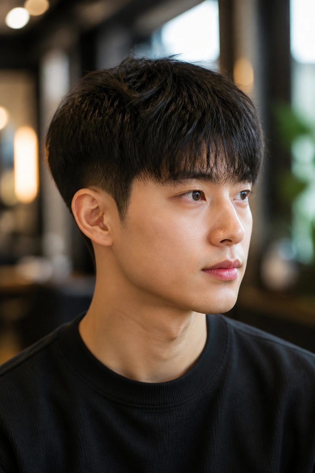 Close-up portrait of a man with a Two-Block Cut with Soft Fringe, short sides and longer top