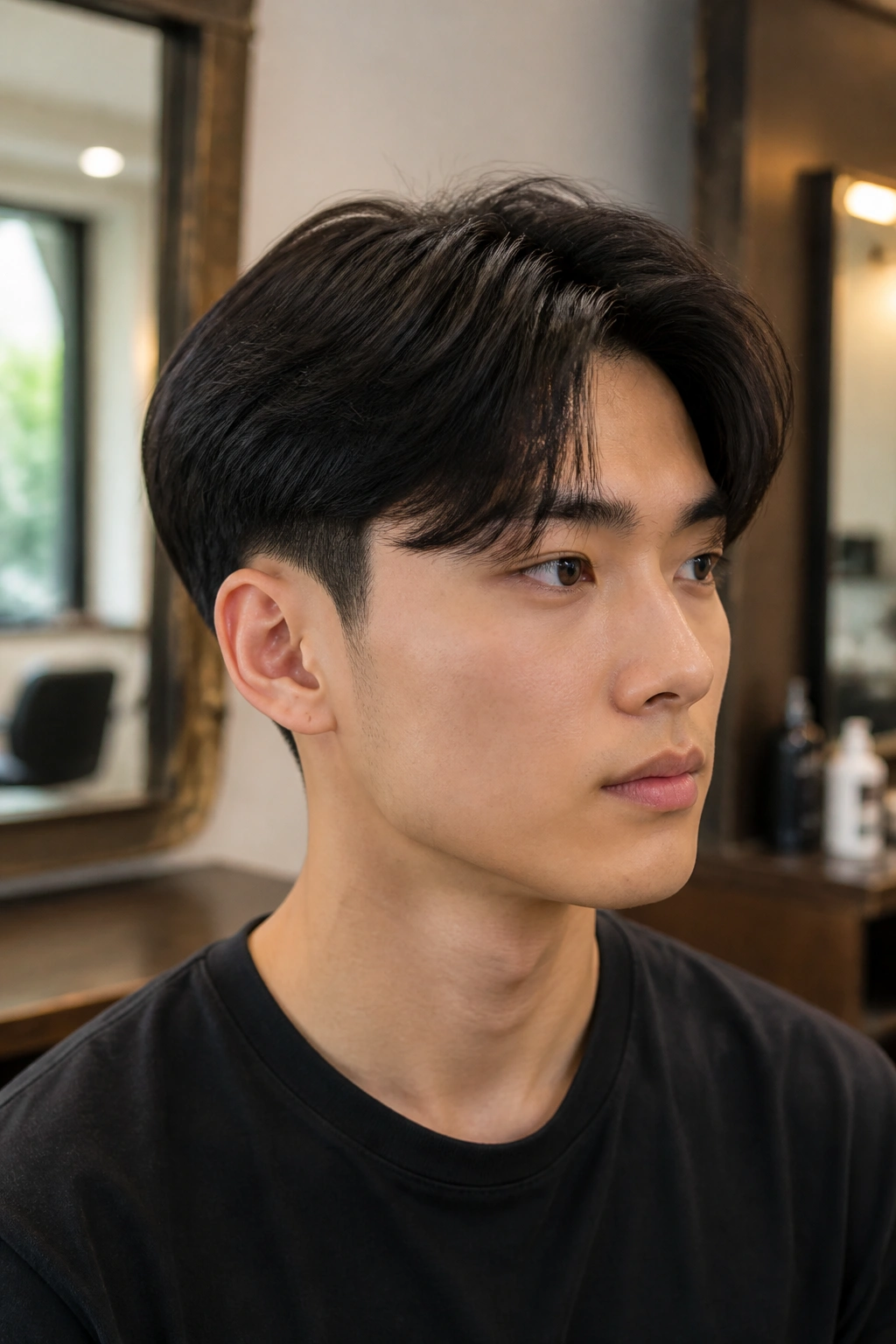 Close-up of a man with two-block grow-out hairstyle in a barber-shop setting.