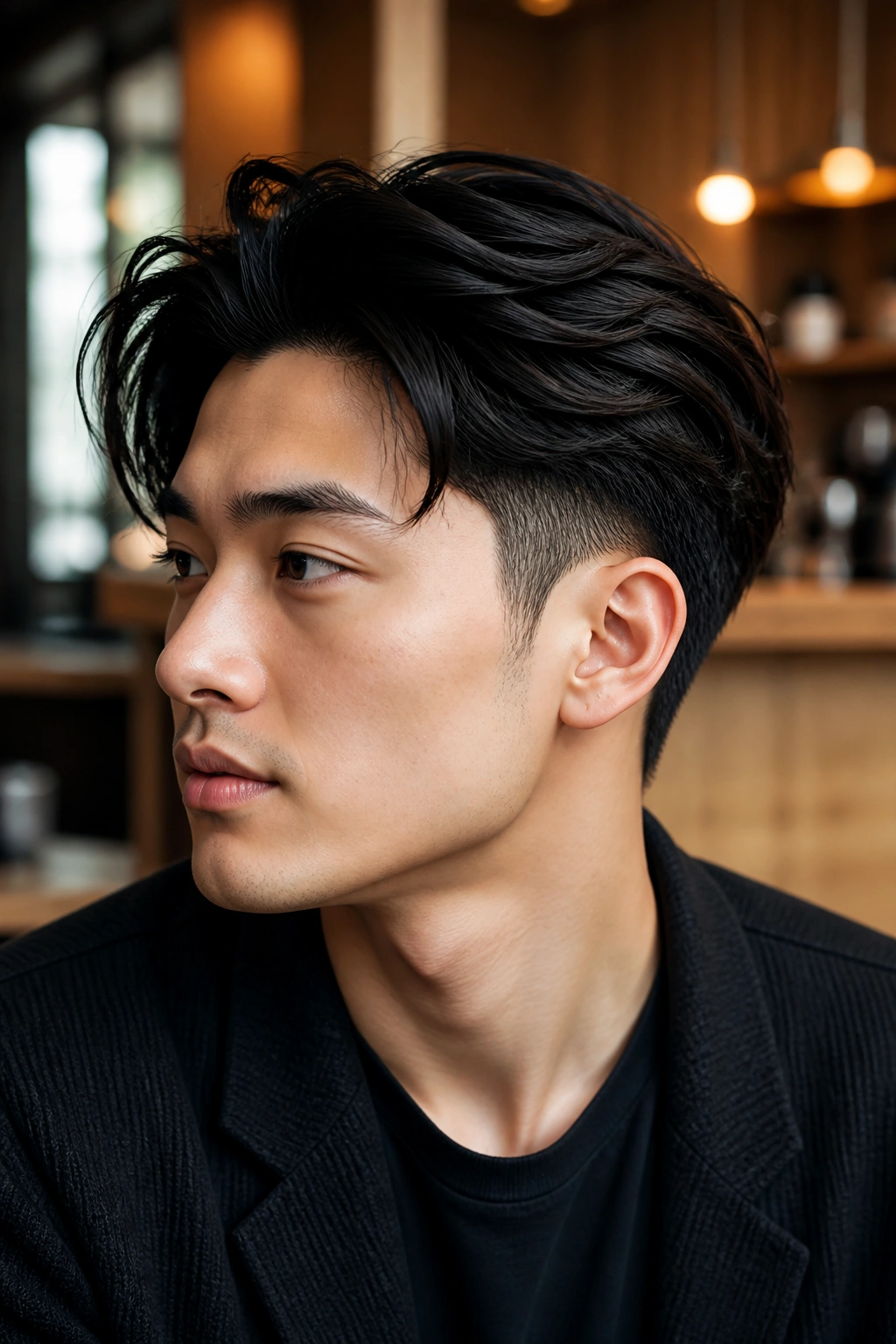 Portrait of an Asian man with a two-block haircut and long top.