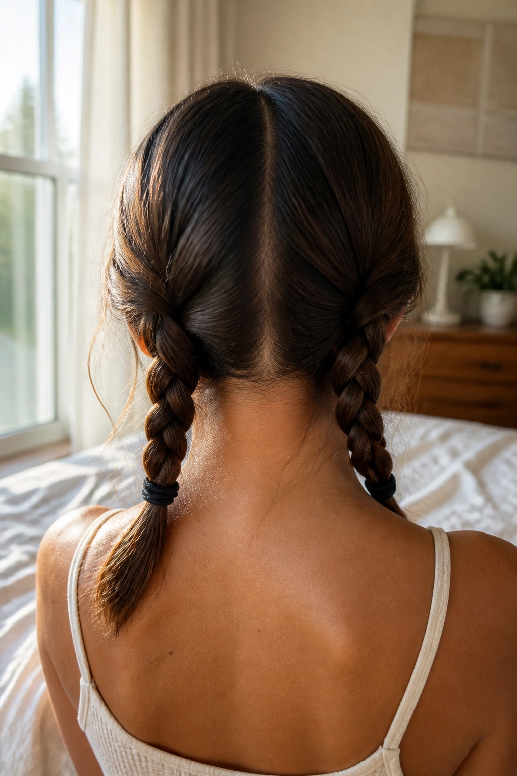 Back view of a real woman with two low braids in natural light