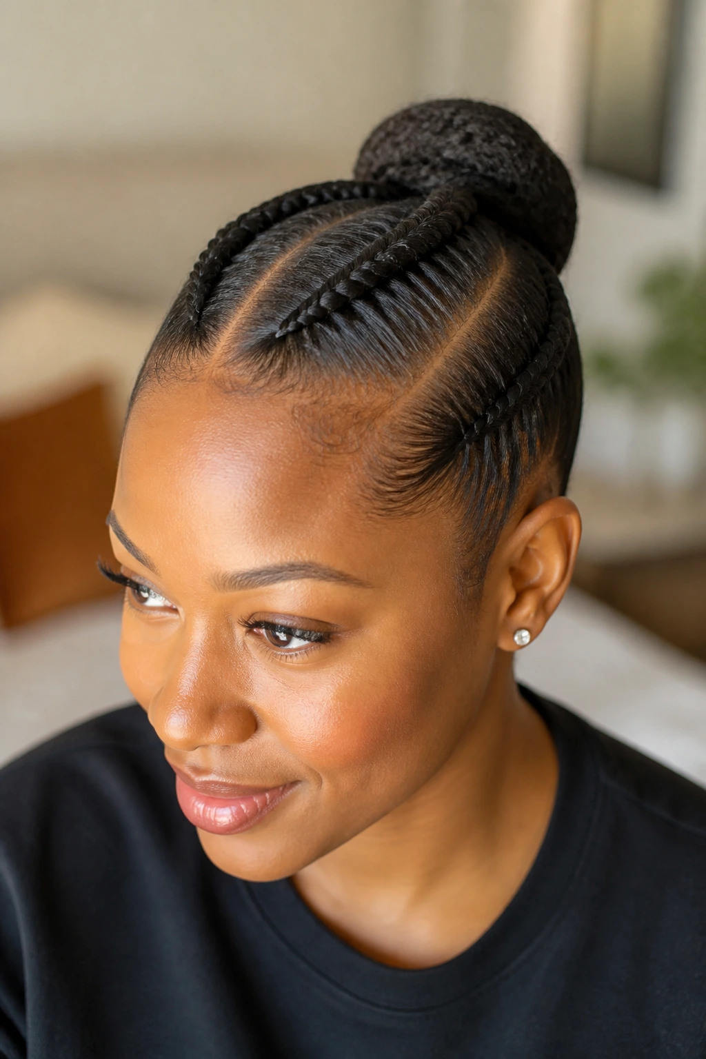 Close-up of two cornrows leading to a bun on a real person
