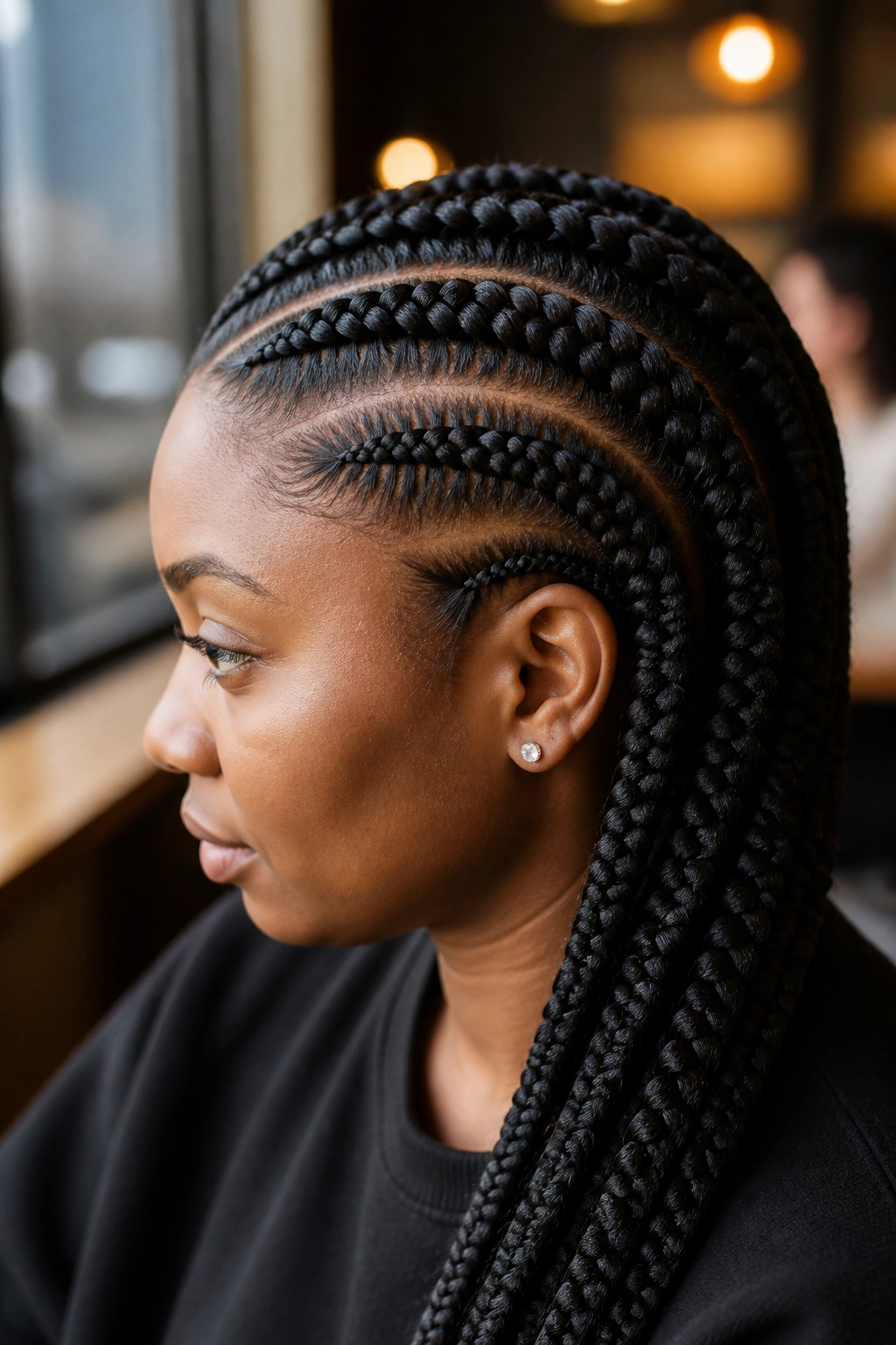 Real woman with two-layer Ghana braids showing upper and lower layers