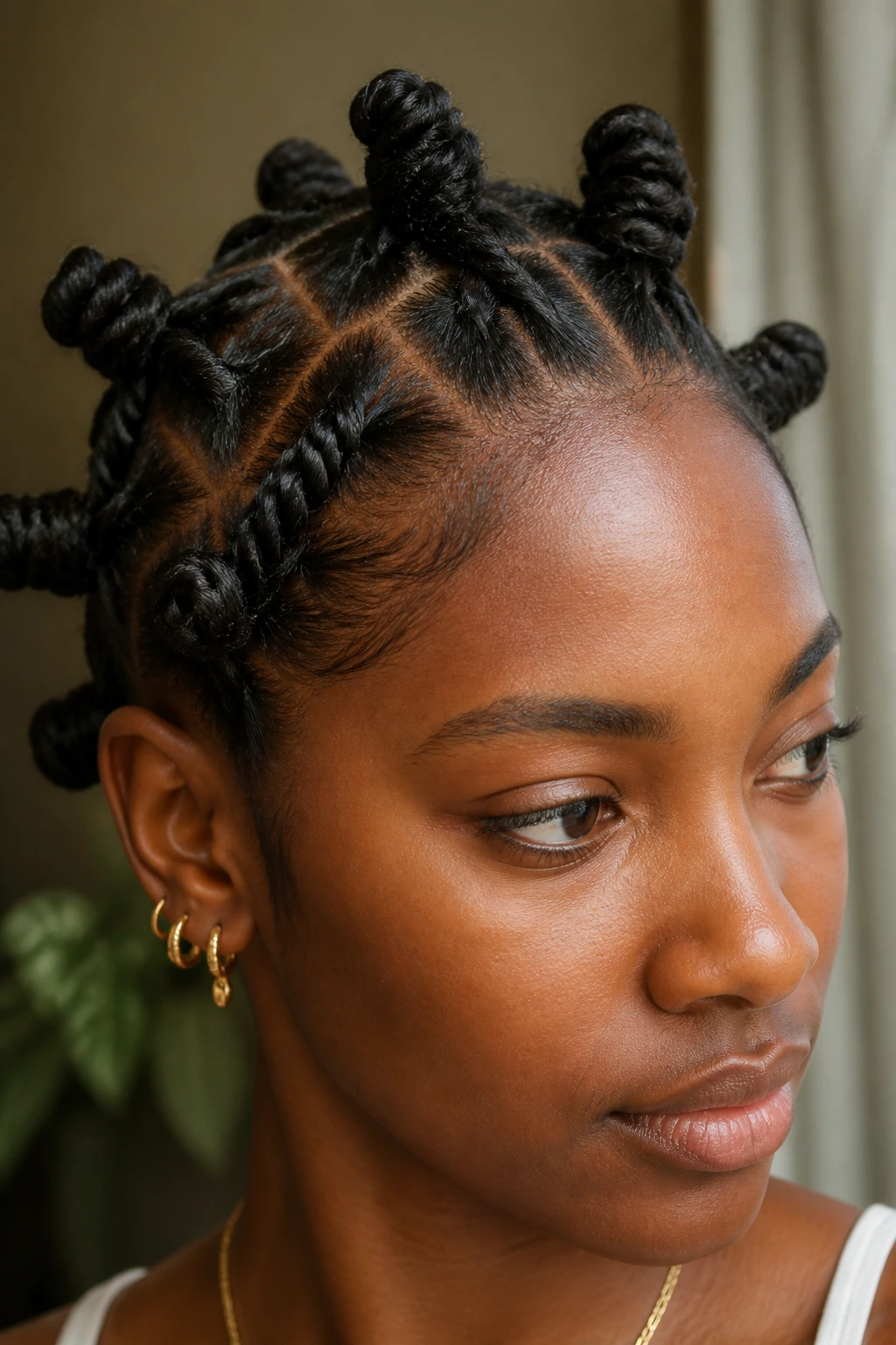 Close-up of a real person with two-strand twist Bantu knots