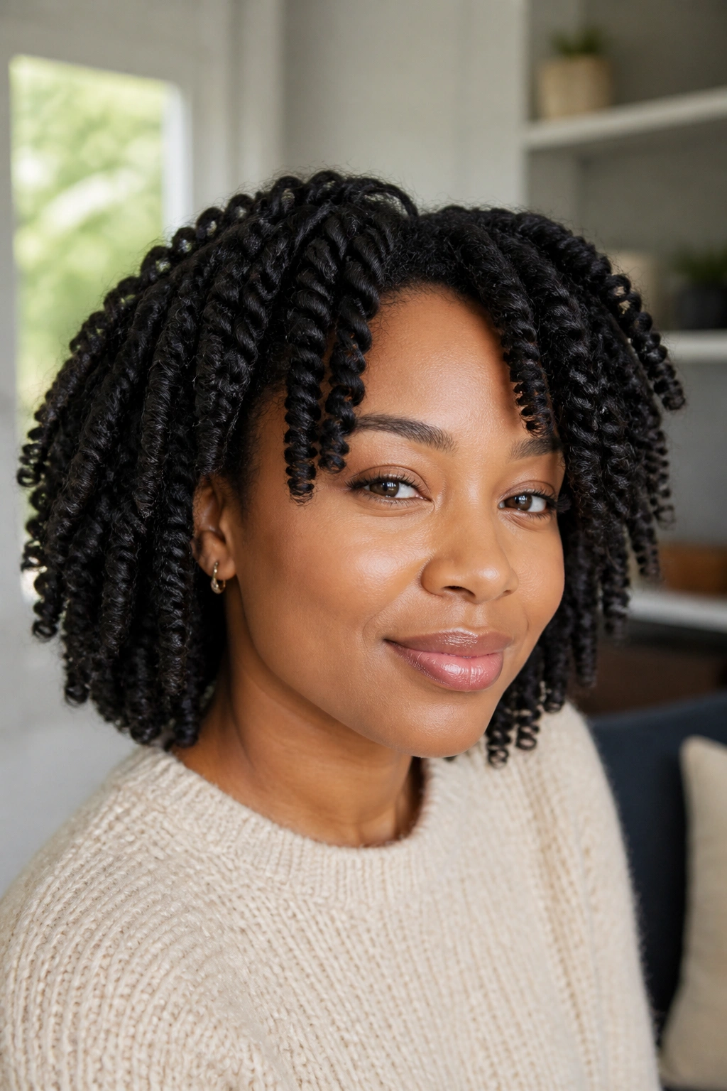 Close-up of a real woman with a two-strand twist-out and chunky defined twists