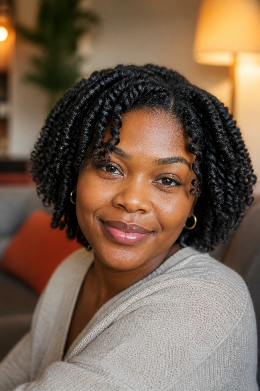 Close-up portrait of a real woman with two-strand twists in warm ambient light