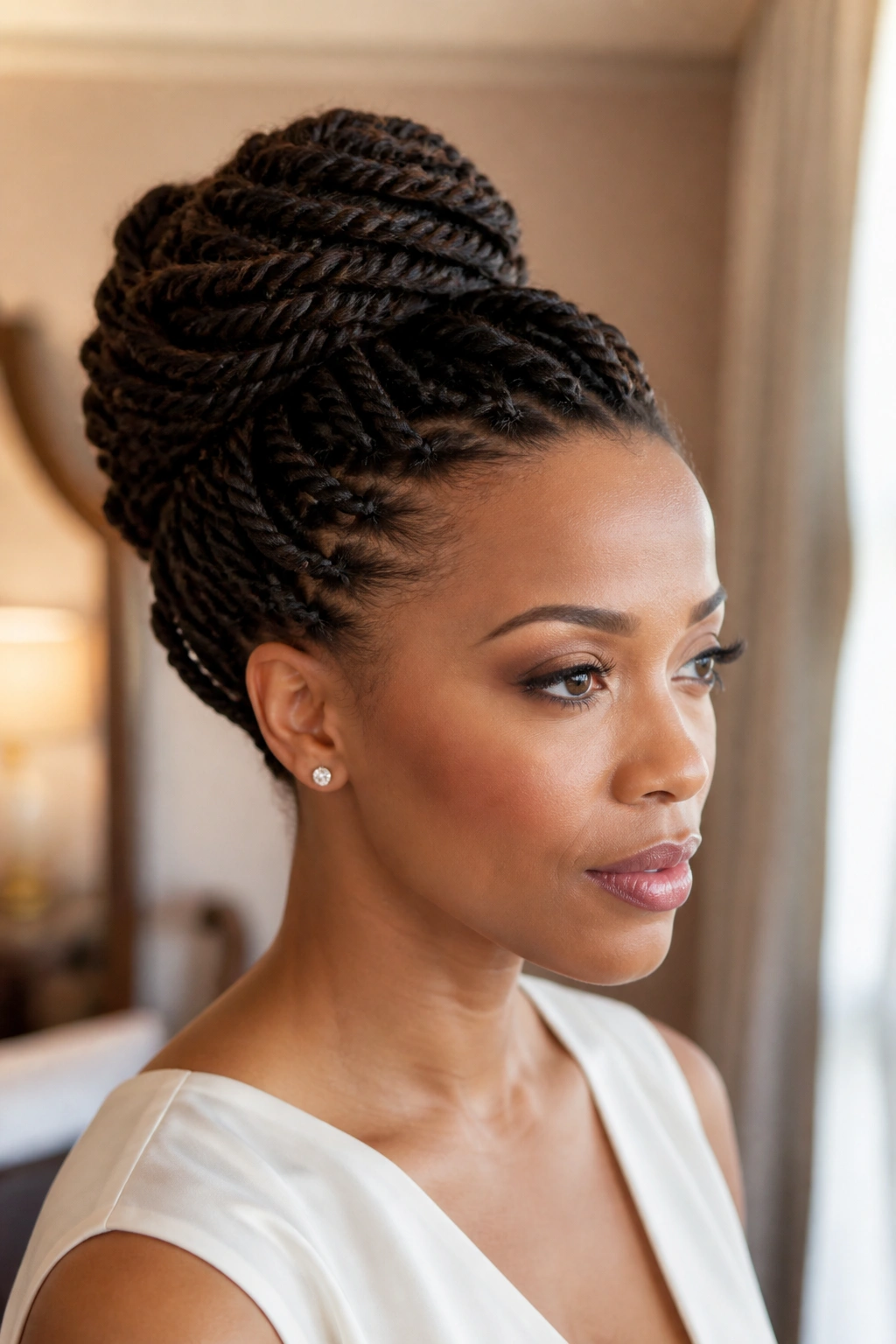 Close-up of a real woman with a two-strand twist updo in a high chignon, warm natural light