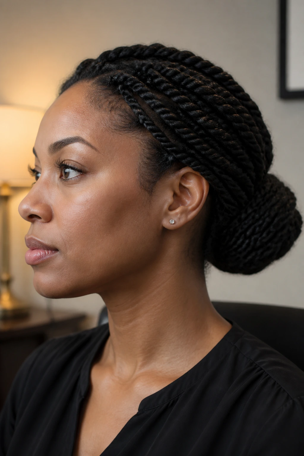 Close-up portrait of a real person with two-strand twists coiled into a soft bun