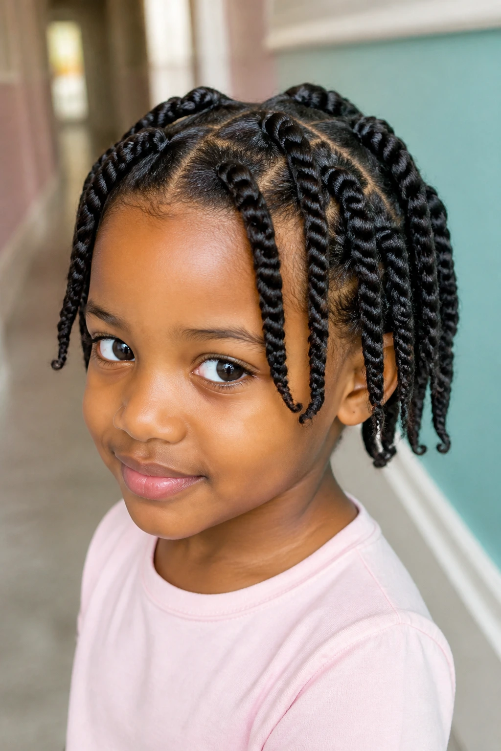 Close-up of two-strand twists on a real child's hair in a bright hallway