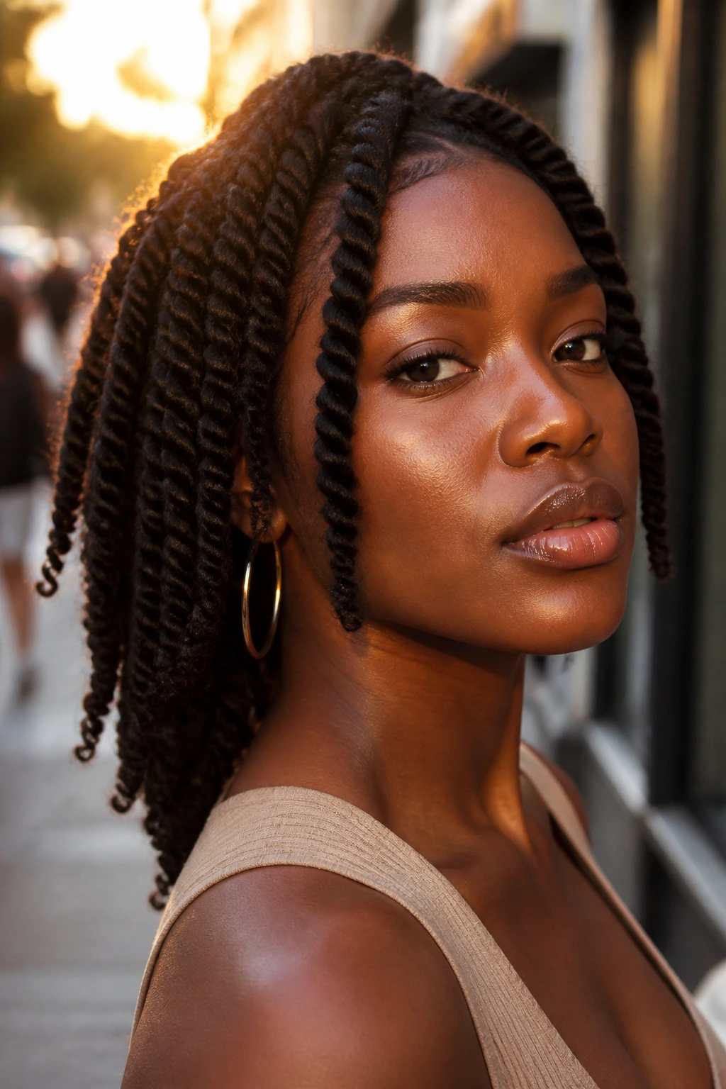 Close-up portrait of a woman with two-strand twists on an urban street